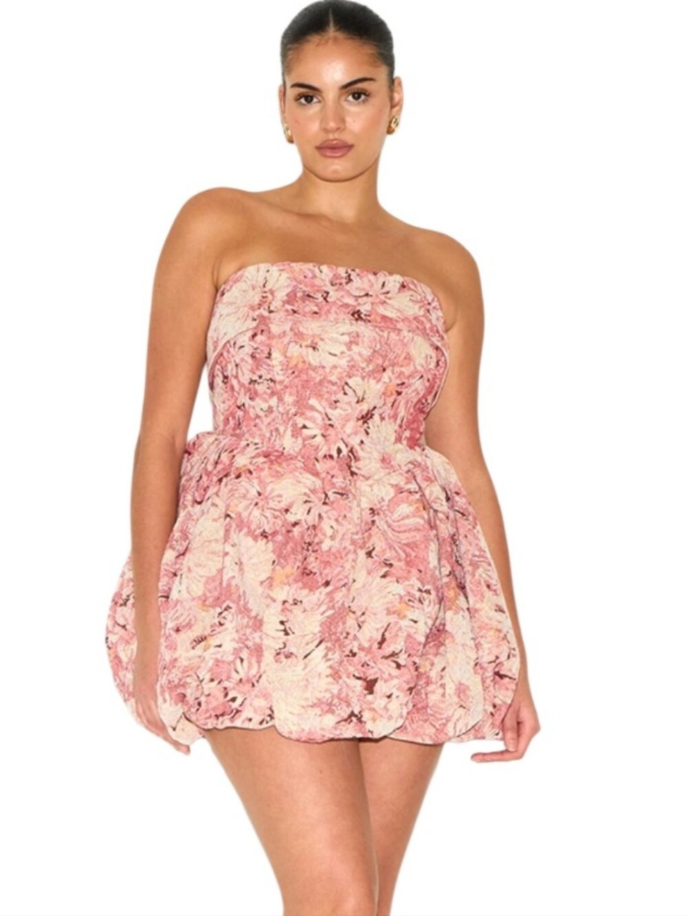 Pretty Little Thing Nwt Pink Tapestry Bandeau Strapless Bubble Mini Dress
